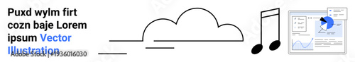 Cloud computing, music streaming, data presentation, digital tools, modern technology, online resources. Cloud shape, music notes graph interface text . Cloud computing and music streaming