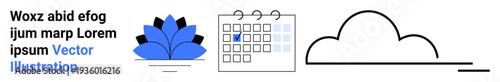 Design, planning, nature, scheduler, organization, cloud storage. A blue flower, calendar with date marked and a minimalist cloud outline. Design and planning concepts illustrated