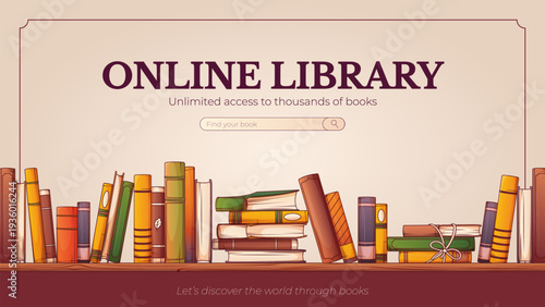 Online library web banner with bookshelf and search bar. Vector illustration of modern digital education template for reading platform or e-learning website.
