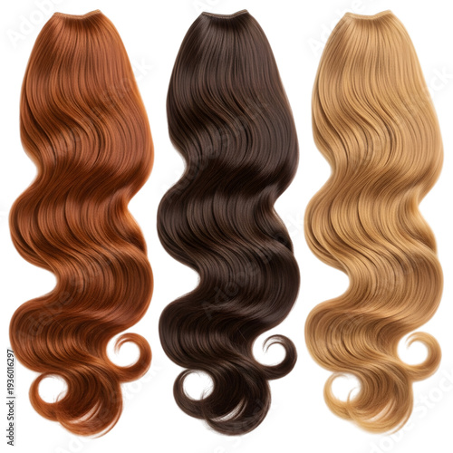 Three bundles of curly hair extensions isolated on transparent background