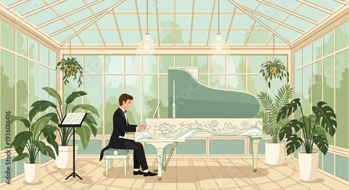 Man playing grand piano in a greenhouse conservatory.