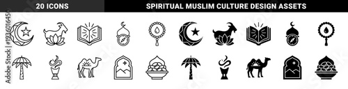 Islamic religious symbols featuring hybrid motifs combining crescent moon stars prayer beads mosque domes compass needles and holy books in dual line and solid style