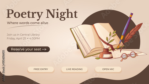 Poetry Night web banner with open book, quill and inkwell. Warm minimal landing page template for literary event promotion, library reading and open mic invitation. Vector illustration