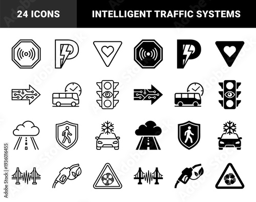 Hybrid traffic and automotive symbols merging smart technology with urban mobility including sensor stop signs electric parking and pedestrian safety shields