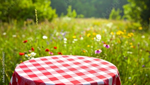 Round Table with Checkered Cloth in Flower Field