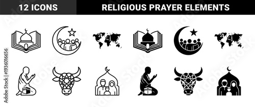 Islamic religious symbols merging traditional mosque silhouettes with holy book pages crescent moon community and prayer posture with kaaba architecture