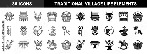 Handcrafted folk art and rustic trade symbols featuring hybrid designs of traditional looms harvest baskets and artisan tools in dual outline style
