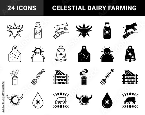 Celestial dairy and cosmic farming icons featuring hybrid cow silhouettes merged with moon phases star constellations and planetary rings