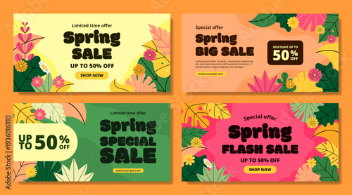 Spring sale horizontal banner template collection with tropical floral leaves and flowers for discount promotion