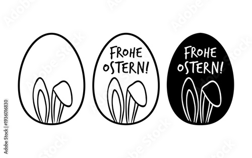 Easter eggs decorated with Frohe Ostern lettering  in German and cute bunnies in doodle style. Minimalist monochrome vector drawing expressing Easter holiday mood, celebration and festive concepts.