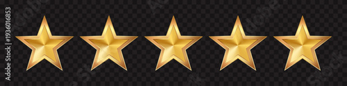 Five Golden Rating Stars Isolated on Black Background. Feedback Review Score Icon. Top Quality Comment Rating Symbol Vector Illustration