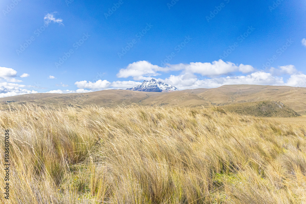 Obraz premium Pichincha Province, Ecuador - February 5, 2026: The Sincholagua volcano is an inactive volcano located in the Andes Mountains. It is the 12th highest volcano in the country at 4,873 meters.
