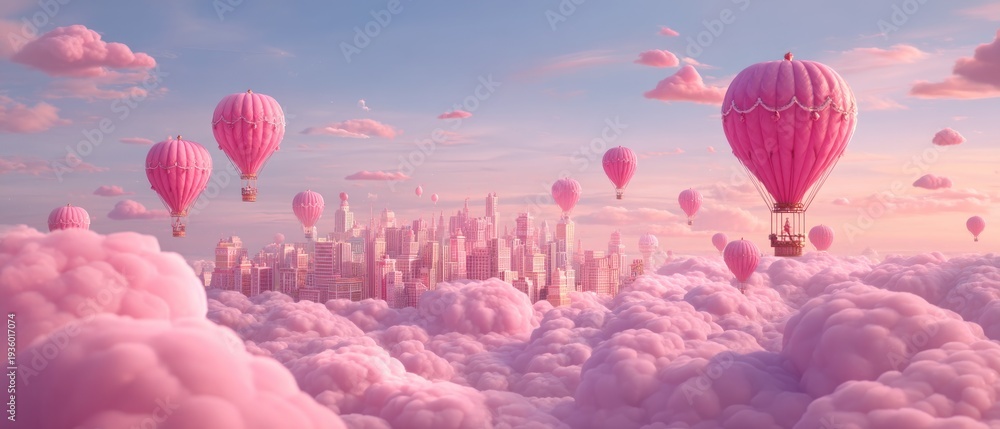 Fototapeta premium Pink hot air balloons floating above cityscape and cloudscape scenery