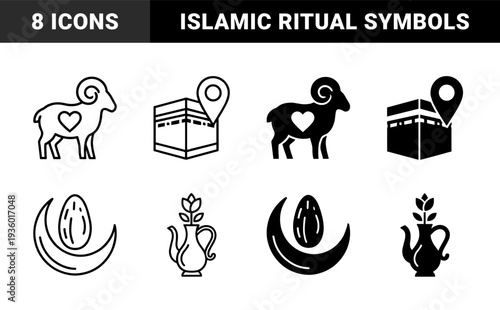 Islamic pilgrimage religious symbols featuring hybrid ram with heart and kaaba location pin in dual outline and solid minimalist style