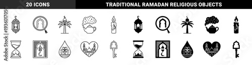 Islamic spiritual hybrid icons merging traditional ramadan symbols with universal metaphors like hourglass mosque heart candle lantern and key shapes