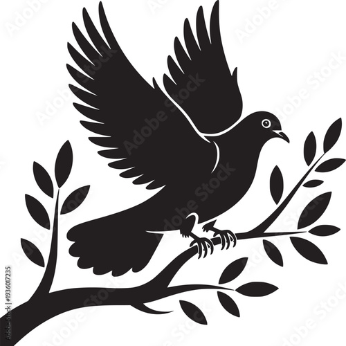 Black silhouette of a dove perched on a branch with leaves against a white background illustration
