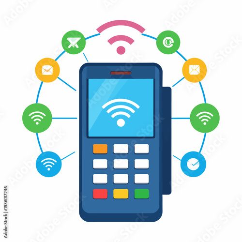 Illustrated view of a dark blue payment terminal on a white background, showcasing a glowing Wi‑Fi symbol and eight colorful payment method icons, captured from a frontal perspective