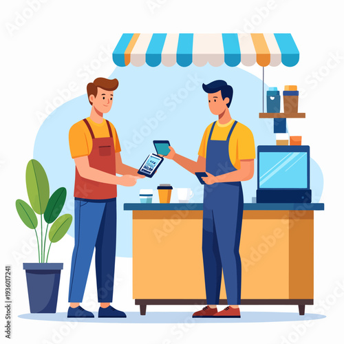 Man with orange apron and blue jeans hands a tablet to another man in yellow shirt and blue overalls while the man holds a phone, inside a café counter under a striped awning, cartoon illustration