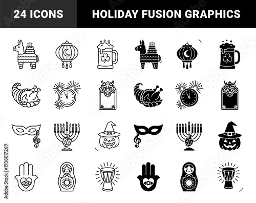 Hybrid cultural celebration symbols merging traditional holiday motifs with festive objects including pinata cake lantern moon and cornucopia turkey