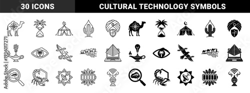 Symmetry of desert heritage and modern innovation featuring hybrid camel compass symbols and digital caravan motifs in linear and solid styles