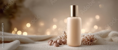 Cosmetic product bottle and nuts against soft background with bokeh lights