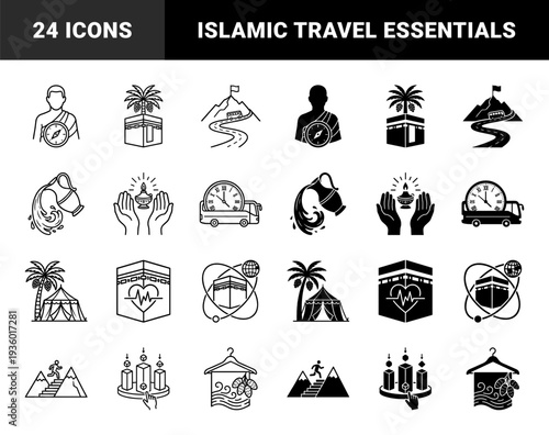 Hajj and Umrah pilgrimage hybrid icons featuring kaaba heart rate monitor bus with clock and pilgrim with compass in dual stroke and solid style