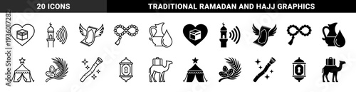 Islamic Pilgrimage and Ramadan Symbols Featuring Kaaba Heart Hybrid Prayer Rug with Wings Miswak Dates and Camel with Luggage in Dual Style