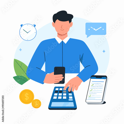Cartoon illustration of a man in a blue shirt pointing at a calculator while holding a black smartphone, standing before a circle with coins, a leaf, a clock and a speech bubble, front view