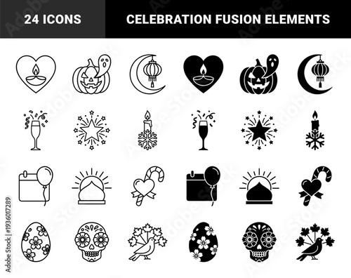 Hybrid global holiday and celebration symbols featuring fusion designs like diya heart ghost pumpkin lantern moon and snowflake candle in dual line and solid styles