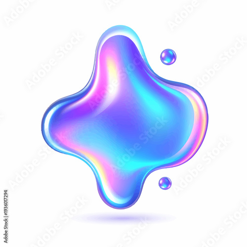 Observing a radiant four‑lobed iridescent shape with two floating glossy spheres, captured in a studio close‑up perspective, highlighting blue, purple, pink and gold hues in an abstract illustration