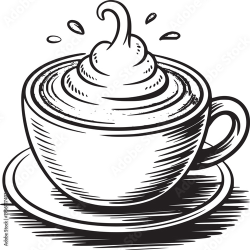A stylized illustration of a cup of coffee with whipped cream and a saucer on a beige background