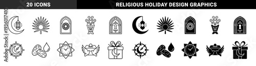 Islamic culture hybrid symbol collection featuring crescent moon lantern fusion date palm star geometry and prayer window architectural motifs in dual style