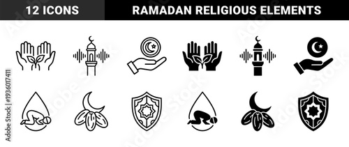 Islamic religious symbols featuring hybrid metaphors of prayer mosque minaret dates and protection shield in outline and solid glyph styles