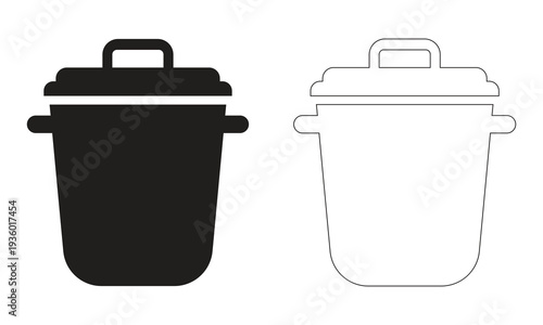 Black and white line icon of trash can with lid and handle, isolated on background