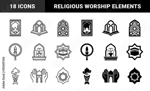 Islamic religious symbols combining traditional architectural elements with prayer rituals featuring mosque silhouettes rosary beads and incense burners in dual line and solid styles