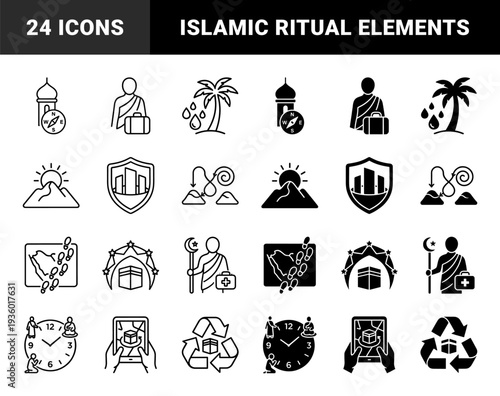 Islamic Pilgrimage Hajj and Umrah Guide Icons Featuring Compass Qibla Direction Kaaba Symbols Desert Travel Map and Spiritual Ritual Elements