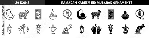 Islamic Religious Symbols with Hybrid Geometric Patterns Featuring Ramadan Moon Mosque Sheep Dates and Prayer Beads in Linear and Solid Styles