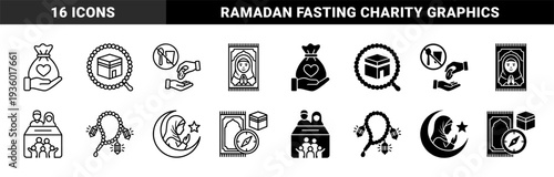 Islamic religious symbols featuring hybrid designs of Kaaba with prayer beads and crescent moon with praying woman in outline and solid styles