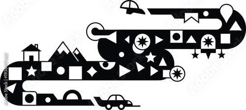 A stylized illustration of travel and adventure with geometric shapes, vehicles, and landmarks in a creative ribbon-like composition wqe (336)