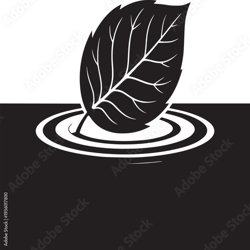 A single black leaf resting on white water ripples in a monochrome black and white illustration