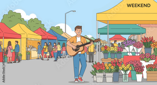Man Playing Guitar at Outdoor Market.