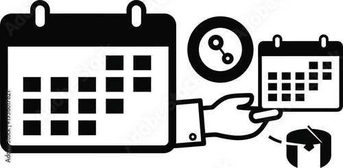 A hand holding a small calendar compares dates with a large calendar and clock nearby wqe 339.