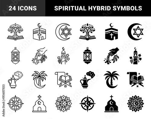 Abstract religious hybrid symbols merging Islamic crescent and star with Christian cross and Jewish David star elements for interfaith unity