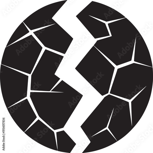 A black and white image of a cracked sphere with geometric shapes on a white background design graphic