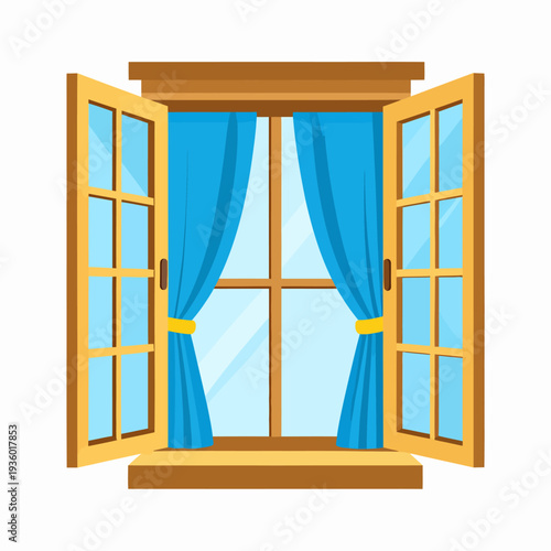 Open window illustration showing bright blue curtains pulled aside, brown shutters and frame, light blue sky view from a centered perspective, graphic design
