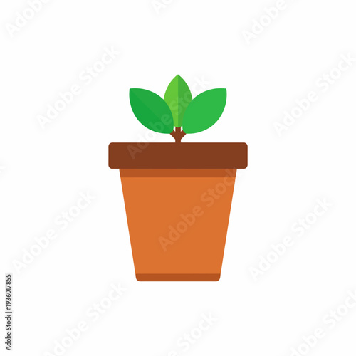 Frontal view of a simple cartoon illustration featuring a three-leafed plant in a terracotta pot, centered against a white background, highlighting clean minimalistic design