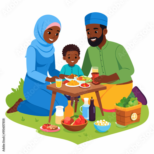 Cartoon illustration of a Muslim family having a joyful picnic outdoors, parents and child sharing food and drinks around a small wooden table on green grass, seen from a front view