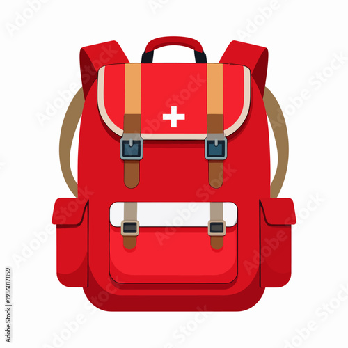 Front‑view photograph of a red medical backpack with a white cross displayed on a plain white studio backdrop, emphasizing its emergency‑aid design and strap details