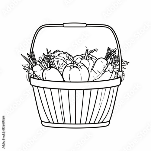 A hand-drawn line illustration of a simple basket filled with fresh vegetables, viewed from a frontal perspective, inviting coloring on a plain white background, emphasizing calm elegance.