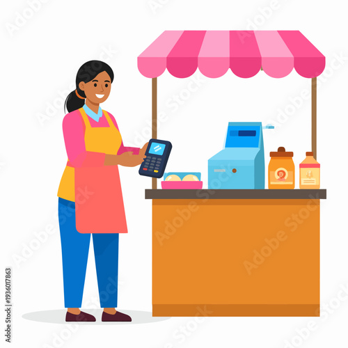 Cheerful woman operating a cash register at a bustling market stall, holding a tablet under a pink and white striped awning, illustrated in vibrant cartoon style from a frontal viewpoint